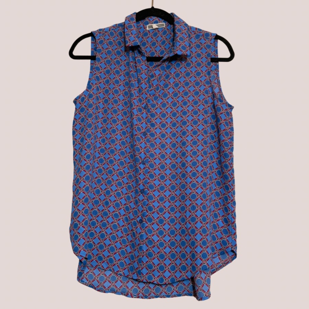 Pleione • Geometric Sleeveless Button Down Blouse Blue and Red • Size Medium